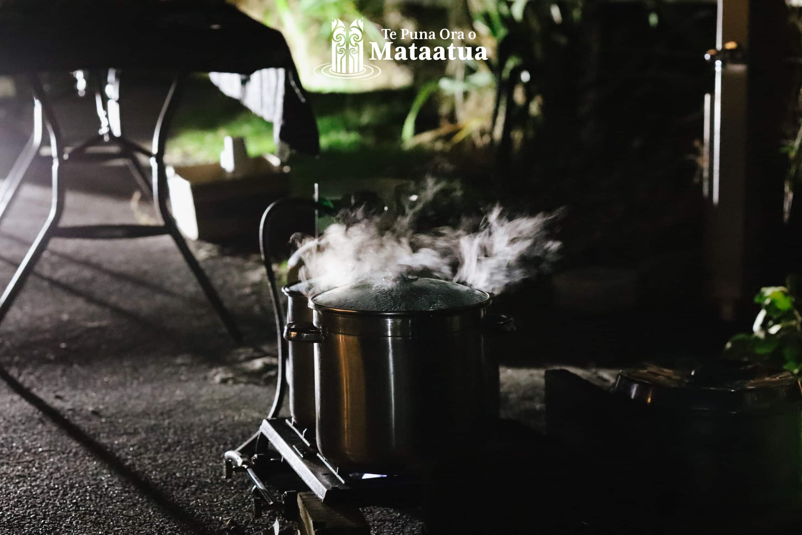 Steam rises from a pot sitting on a gas burner