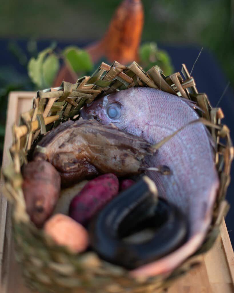 A snapper, tītī, kūmara and tuna prepared as a hangi inside a small flax basket