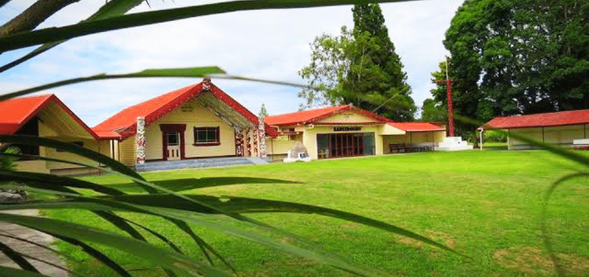 A view of three marae dwellings sitting on top of green grass